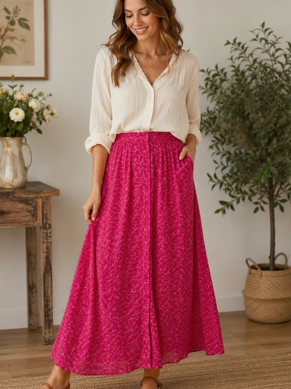 April Cornell Vintage Pink Floral Sz S Button Front Maxi Skirt Cottagecore Boho